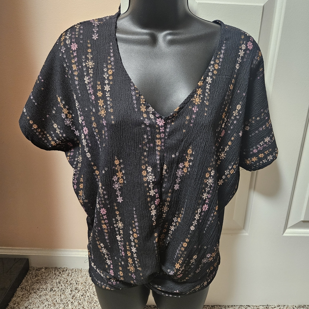 Daytrip Black and Pink Floral V-Neck Blouse
